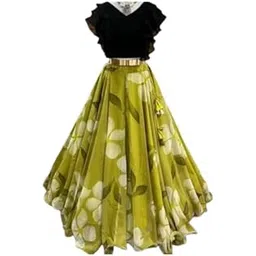 Women's Floral Print Georgette Crop Top and Maxi Skirt Set, Black and Red, Cap Sleeves (IN, Alpha, L, Standard, Green)-picture-35