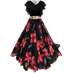 Women's Floral Print Georgette Crop Top and Maxi Skirt Set, Black and Red, Cap Sleeves (IN, Alpha, L, Standard, Red-black)-picture-36
