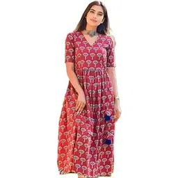 Women's Floral Print Maxi Dress, V-Neck, Short Sleeve, Red with White Pattern-picture-51