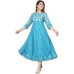 Women's Floral Print Rayon Anarkali Dress, 3/4 Sleeve, Turquoise Blue, Ankle Length-picture-19