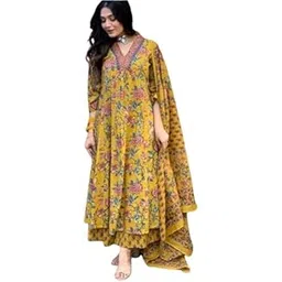 Women's Floral Print Rayon Kurti Set with Palazzo and Dupatta, Navy Blue Traditional Ethnic Wear, V-Neck Design with Embroidered Border-picture-36