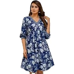 Women's Floral Print Swing Dress, Navy Blue with White Flowers, V-Neck, 3/4 Puff Sleeve, Casual Summer Wear-picture-14