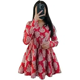 Women's Floral Print TOP, Red and White, Long Sleeve, V-Neck, Empire Waist, Flared Style-picture-35