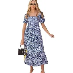 Women's Floral Printed Square Neck Royal Blue Maxi Length Dress-picture-31