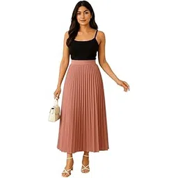 Women's High Waist Pleated Maxi Skirt, Dusty Pink, Elegant A-Line Accordion Style, Ankle Length-picture-48