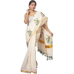 Women's Kerala Kasavu Onam Special Cotton Saree With Rich Pallu and Running Blouse Piece (Saree 5.5 meter, Blouse 0.8 meter)(green peacock design)-picture-29