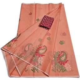 Women's Kota Doria Cotton Saree With Floral Embroidery Paisley Design Extra Contrast Blouse (abdAM)-picture-44