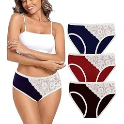 Women's Lace Trim Bikini Panties, Pack of 3, Navy Blue, Maroon, Brown (in, Alpha, L, Regular, 1, Multicolor)-picture-48