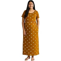 Women's Maternity Feeding Maxi zipless,Lounge wear, zipless Women's Nightdress,Nursing Maxi Dress,shortPuff Sleeves Nighty,Feeding Gown, Kaftan Feeding Nighty (in, Alpha, L, Mustard Yellow Heart)-picture-19