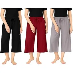 Women's Mid Waisted Capri Pants Casual Wide Leg Yoga Pants Loose Soft Pajama Pant for Womens (BGM) Combo Pack of 3-picture-25