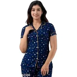 Women's Navy Blue Star Print Cotton Night Suit, Short Sleeve Pajama Set, Comfortable Sleepwear with Piping Details-picture-22