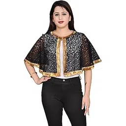 Women's Net Lace Poncho with Golden Lace Front Open Capes Shrugs-picture-43