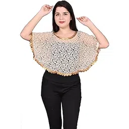 Women's Net Lace Poncho with Golden Lace with New Stylist Trendy Beautiful Cape Regular Poncho and Shrug Beige Colour-picture-44