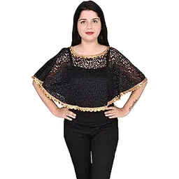 Women's Net Lace Poncho with Golden Lace with New Stylist Trendy Beautiful Cape Regular Poncho and Shrug Black Colour-picture-16
