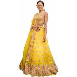 Women's Omkar Tex's Yellow color Georgette Lehenga choli with Dupatta set for Haldi function, wedding,Party,Ethnic etc | Finish Type: Semi-stitched | Size: Free Size-picture-49