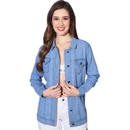 Women's Oversized Denim Jacket, Light Blue, Button Front, Long Sleeve-picture-17