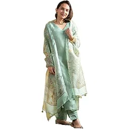 Women's Pista Green Embroidered Kurta Set with Floral Organza Dupatta, Traditional Indian Ethnic Wear-picture-40
