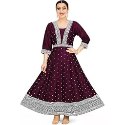 Women's Plum Anarkali Dress with Silver Embroidery, Traditional Indian Ethnic Gown, 3/4 Sleeves, Cotton Blend-picture-51