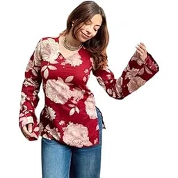 Women’s Printed A-Line Short Kurti Tunic Top Long Sleeve Floral Pattern Casual Ethnic Kurti-picture-19