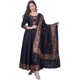 Women's Printed Rayon Anarkali Gown Kurta with Dupatta set, Black colour,-picture-11