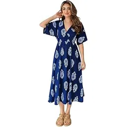 Women's Rayon Printed A-Line Midi Dress | V-Neck Flared Dress with Half Sleeves | Comfortable Casual Dress-picture-18