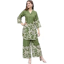 Women's Rayon Slub 3/4 Sleeve Collar Neck Floral Printed Mehandi Top with Matching Pant Cord-Set-picture-49
