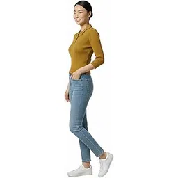 Women's Ribbed Knit Polo Top, Mustard Yellow, Three-Quarter Sleeve, Cropped Length, Smart Casual Style-picture-50