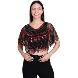 Women’s Sequin Embellished Sheer Poncho Cape Top – Crop Overlay with Red & Black Beads | Lightweight Mesh Layered Shrug for Festive, Dance & Evening Outfits.-picture-47