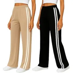 Women’s Side-Stripe Wide-Leg Trouser Combo Pack | High-Waist Stretch Track & Lounge Pants | Comfortable Relaxed-Fit Bottoms Ideal for Casual Outings, Travel-picture-55