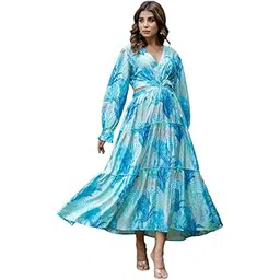 Women's Silk Printed V-Neck Long Bell Sleeves Tiered Maxi Dress Gown (Blue-M)-picture-12