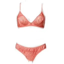 Women's Silk Soft Bra and Panty Lingerie Set, Solid Design for Women & Girls Peach-picture-53
