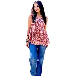 Women's Sleeveless V-Neck Floral Print Top, red with White Flowers, Casual Summer Blouse-picture-40