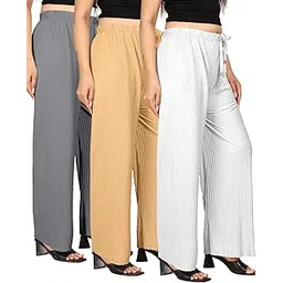 Women's Solid Pleated Palazzo Pants | Relaxed Fit, Stylish & Comfortable Lounge Bottoms with Elastic Waistband |Pack of 3-picture-15