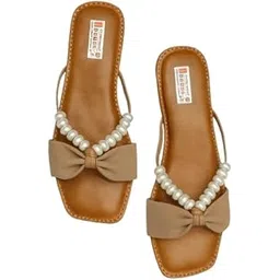 Women's Square Toe Flat Sandals with Bow Detail and Pearl Embellishment, Slip-on Style-picture-41