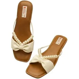 Women's Square Toe Flat Sandals with Bow Detail and Pearl Embellishment, Slip-on Style-picture-20