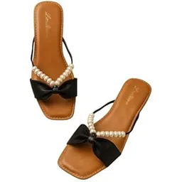 Women's Square Toe Flat Sandals with Bow Detail and Pearl Embellishment, Slip-on Style-picture-19