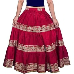 Women's Traditional Rayon Skirt with Gold Embroidered Floral Trim, Long Length Model_02-picture-15