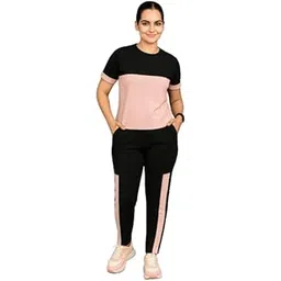 Women's Two-Piece Co-ord Set Printed Polyester Tracksuit Set Lightweight Stretchable Tracksuit Suit Gym Daily Lounge & Travel Outfit (IN, Alpha, XL, Regular, Pink)-picture-43