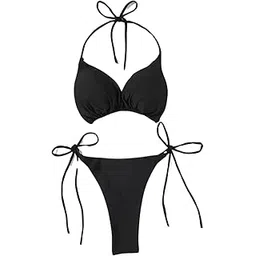Women's Two-Piece Halter Bikini Set, Black, Tie-Side Bottom with Side Strings, Polyester Blend-picture-46