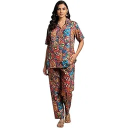 Women's Vibrant Abstract Art Print Cotton Pajama Set, Short Sleeve Shirt and Pants, Multicolored Loungewear with Pockets-image-16