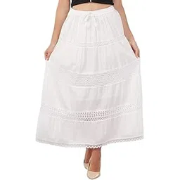 Women's White Cotton Maxi Skirt with Lace Detail, Elastic Waist, Ankle Length-picture-15
