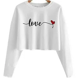 Women's White Cropped Sweatshirt with Love Heart Print, Long Sleeve Casual Top-picture-50