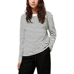 Women’s White Sweatshirt T-Shirt with Black Stripes | Stylish and Comfortable Casual Top | Versatile Long-Sleeve Tee for Everyday Wear | Trendy and Cozy Fashion Essential-picture-10