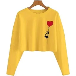 Women's Yellow Crop Sweatshirt with Panda Heart Balloon Print, Long Sleeve Casual Top-picture-24
