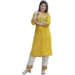 Women's Yellow Embroidered Kurta with White Palazzo Set, Sequin Detail, 3/4 Sleeve-picture-22