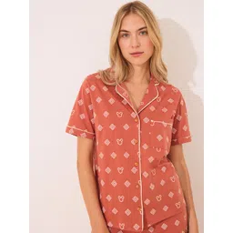 women'secret Geometric Printed Lapel Collar Pure Cotton Night suit-picture-28