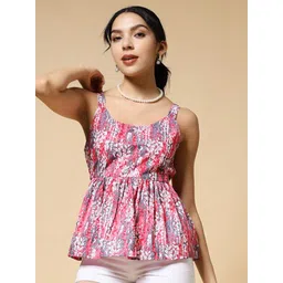 Womenster Women Floral Print Shoulder Straps Peplum Cotton Top-picture-10