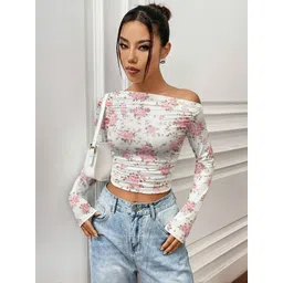 Womenster Women Floral Printed Gathered Off-Shoulder Full Sleeve Crop Top-picture-27