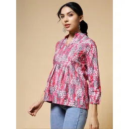 Womenster Women Floral Printed Mandarin Collar Cotton Peplum Top-picture-15