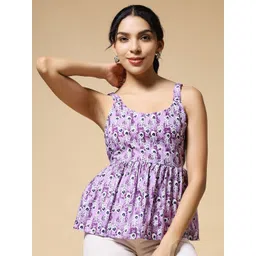 Womenster Women Floral Printed Shoulder Straps Pleated Detail Cotton Peplum Top-picture-14